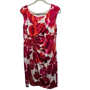 Maggy L Watercolor Pink Red Ruched Cap Sleeve Dress Size 12 Garden Party Brunch